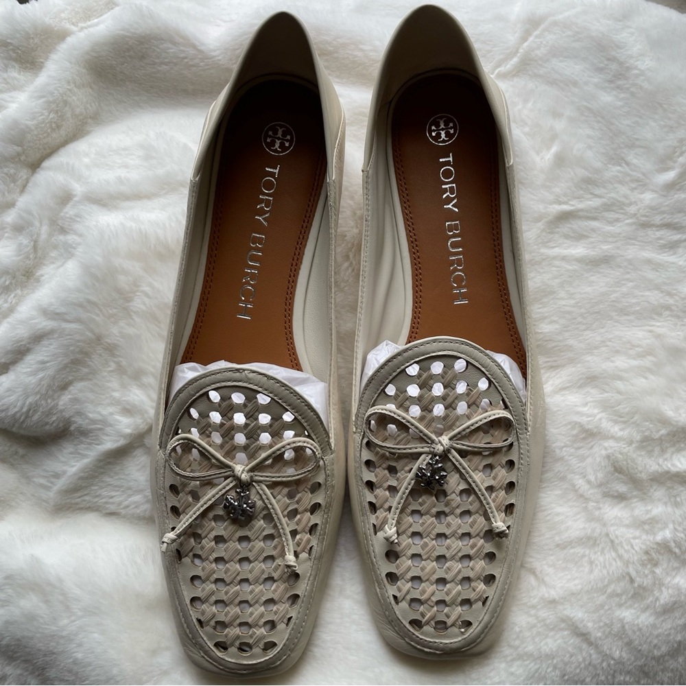 Tory Burch Cream Perforated Flats with Bow